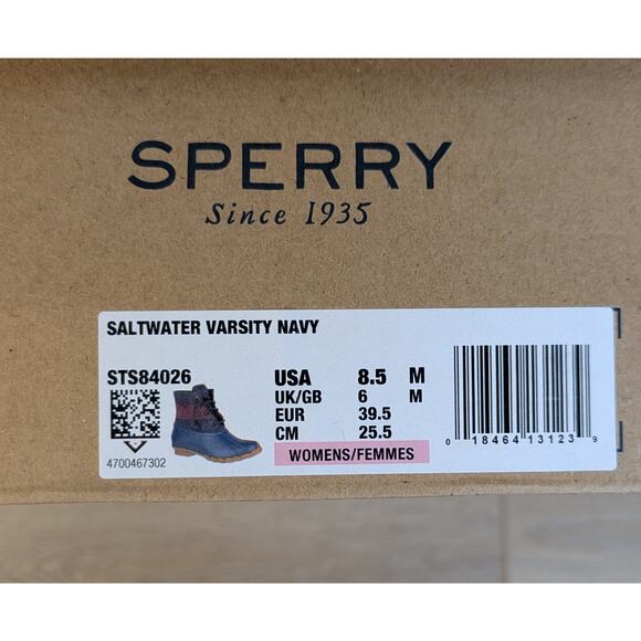 Sperry Topsider Saltwater Varsity Duck Boot 8.5 Navy Wine Stripe Wool Rubber - Picture 2 of 12
